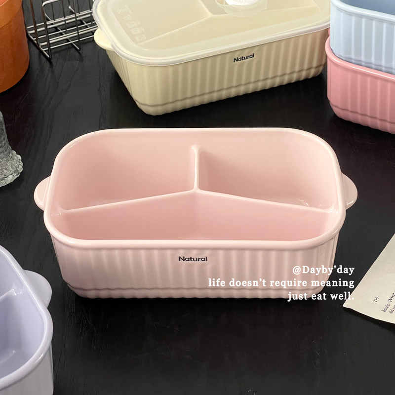 上班族加热便当盒分格带饭饭盒微波炉加热可爱带盖餐盒陶瓷午餐盒