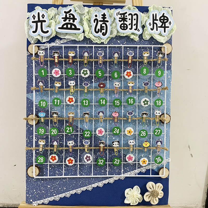 幼儿园环创蓝色系光盘行动签到墙进区域角打卡牌中班开学布置材料