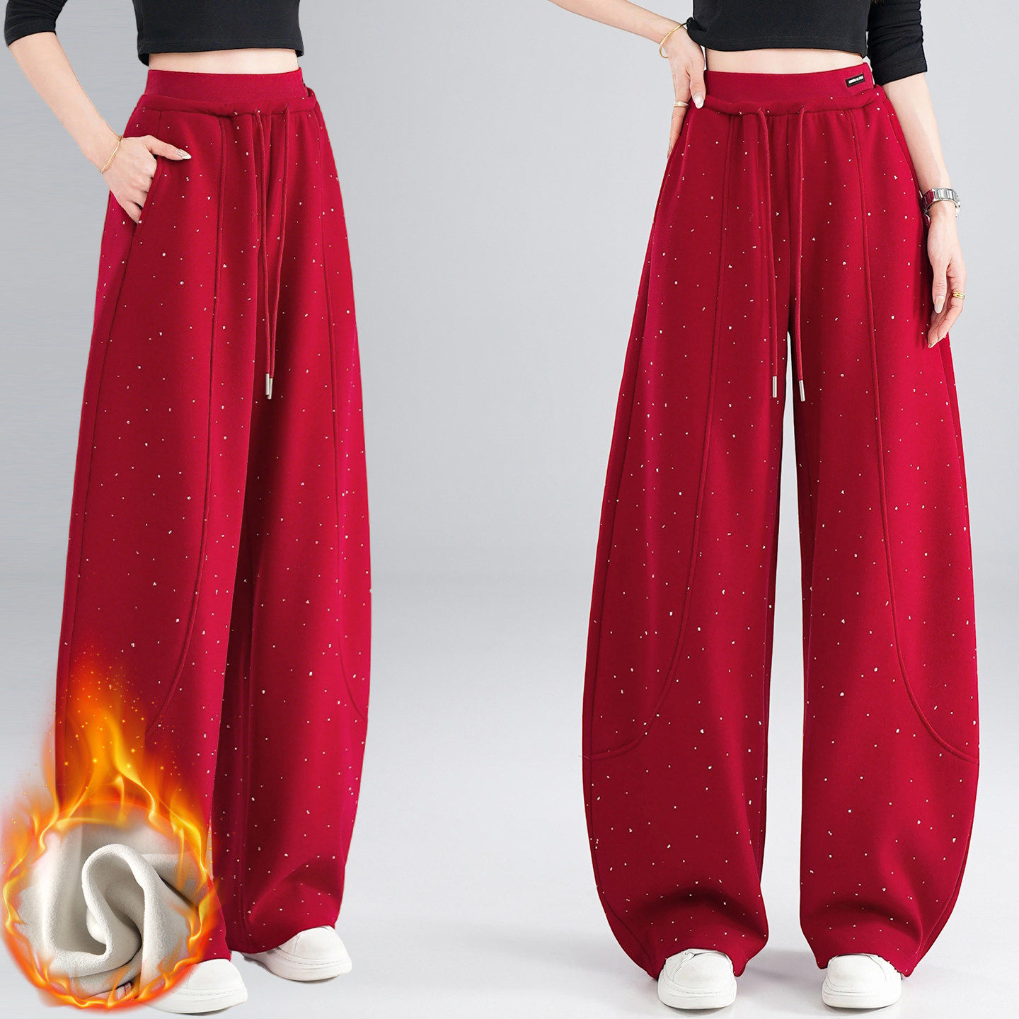 骐骥红休闲阔腿裤女加绒加厚秋冬新款烫钻弯刀裤宽松显瘦弹力卫裤,女装/女士精品,休闲裤,淘宝优惠券,粉丝福利购,淘宝优惠卷