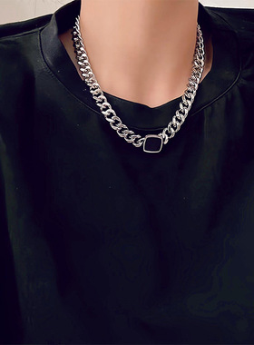 潮酷四方粗链锁骨项链