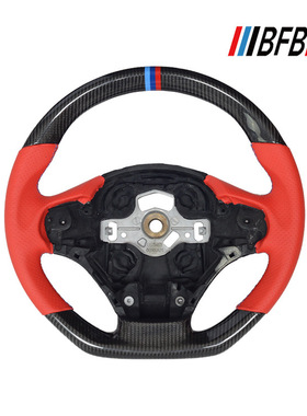 适用于宝马3系F30低配红色打孔皮三色缝线运动款碳纤维方向盘改装