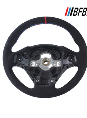 适用于宝马3系F30高配黑色无孔皮翻毛皮红色缝线回正标方向盘改装