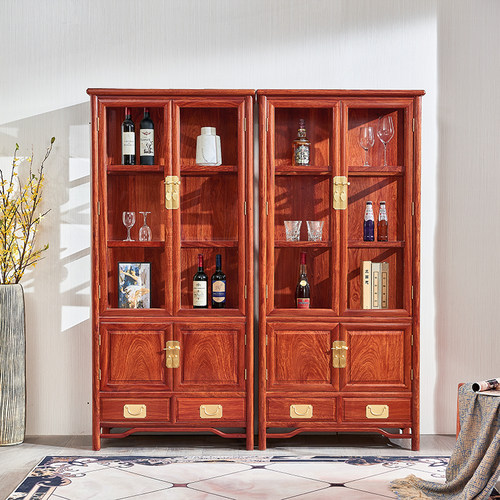 红木酒柜新中式品牌刺猬紫檀玻璃柜靠墙摆设客厅实木酒柜展示柜
