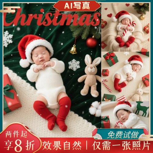 AI写真摄影制作新生儿婴儿宝宝满月照圣诞节可爱喜庆