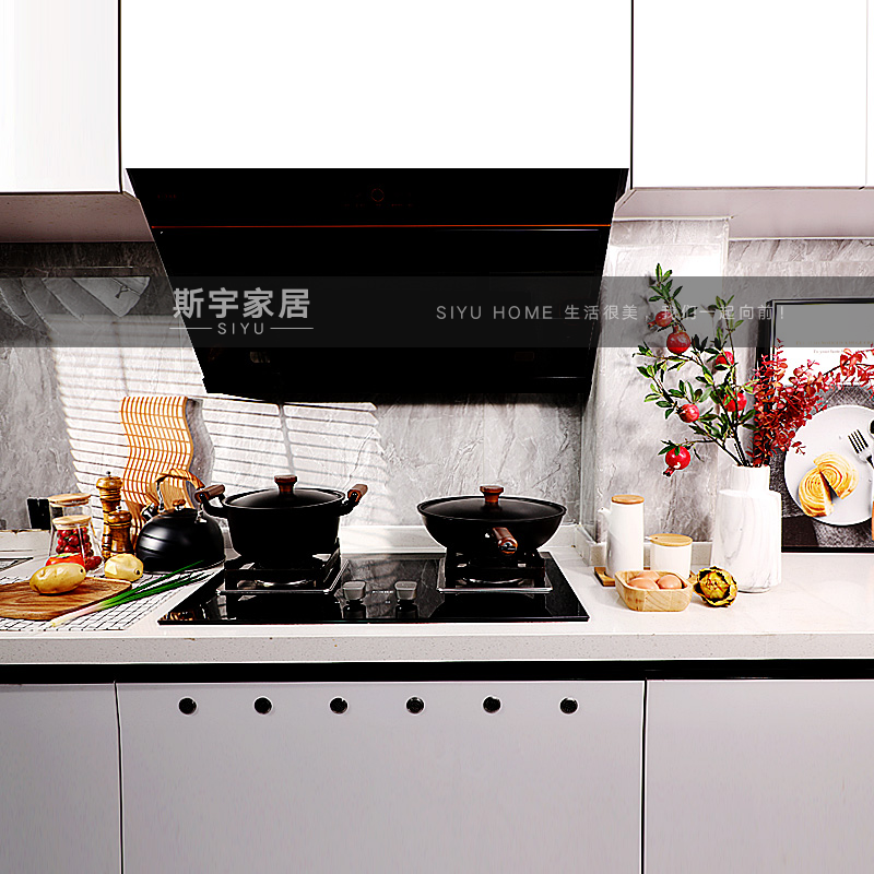 新中式样板间厨房软装搭配锅具胡椒瓶油壶果盘花艺储物罐砧板摆件