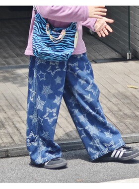 PPAPA男女童星星提花休闲宽松牛仔裤春秋装新款中大童长裤1013100