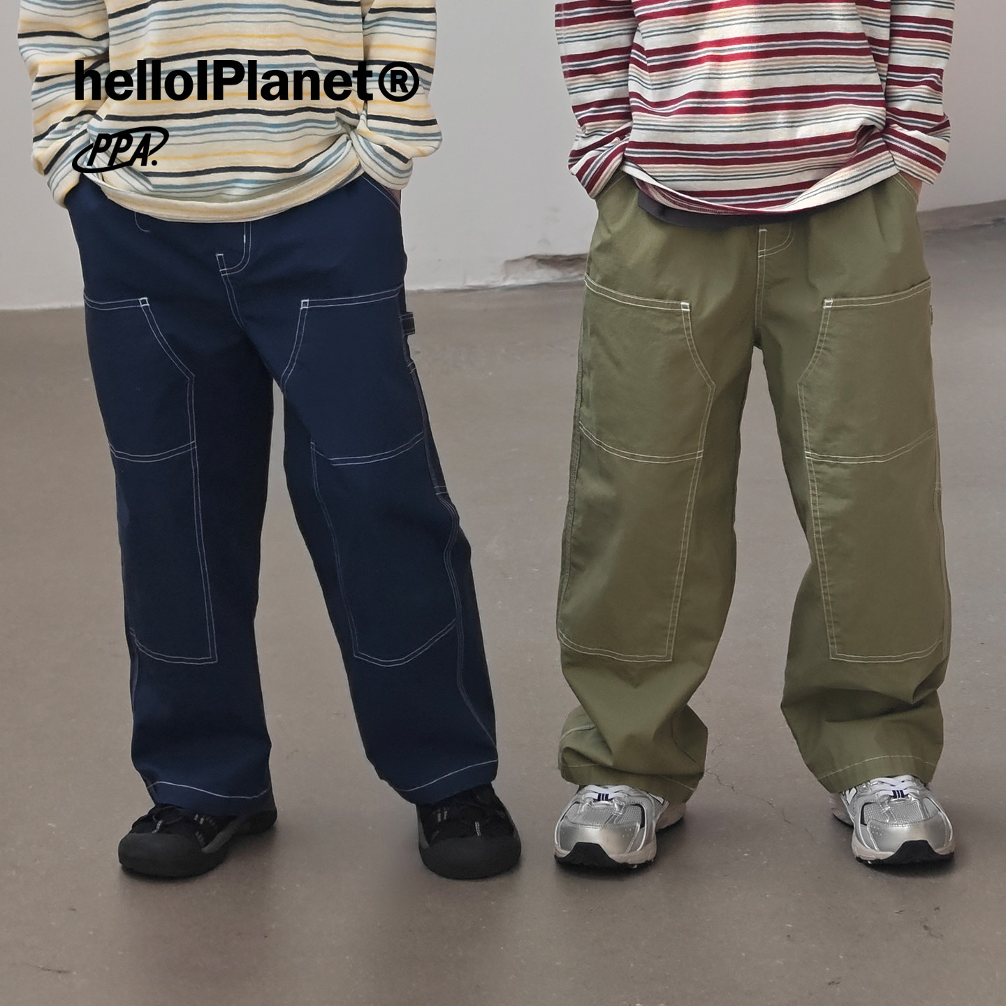 ppapa 撞色线洗水复古中筒宽松直筒长裤中大童儿童裤子 813807