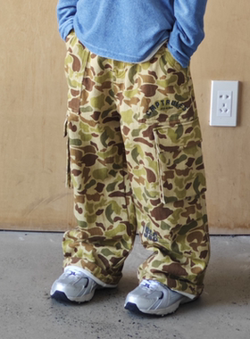 现ppapa春秋牛仔布亲肤宽松中大童迷彩休闲裤复古直筒长裤1013090