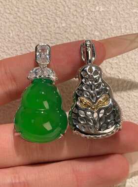 中式复古银镶玉翡翠葫芦欧泊项链