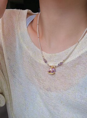 甜酷紫色小马珍珠锁骨链女轻奢