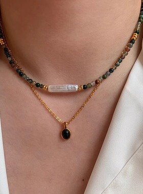 复古设计师虎眼石珍珠双层锁骨链