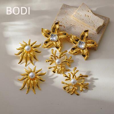 夏季爆款网红超大花朵几何耳饰不锈钢珊瑚镶珍珠不规则光面耳环女