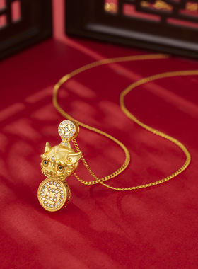 中式复古铜钱貔貅缎带项链女款