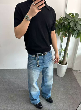 G2 “冰川涟漪”冰蓝水洗做旧宽松直筒猫须挺阔a字阔腿牛仔裤男款