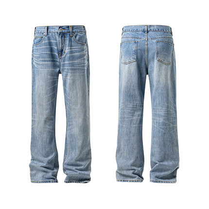 G2 美式复古cleanfit猫须做旧水洗牛仔裤男潮直筒微喇百搭裤子