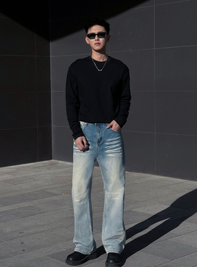 G2 美式冰蓝高街cleanfit做旧复古猫须洗水重磅宽松牛仔裤男直筒