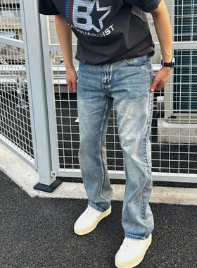 G2 休闲水洗做旧猫须直筒牛仔裤男显高大微弹性潮流男士直筒长裤