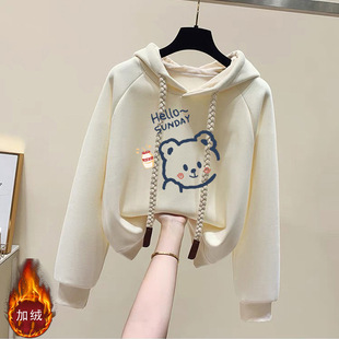 初中学生韩版卫衣2024新款女秋冬短款加绒加厚连帽学院风上衣外套