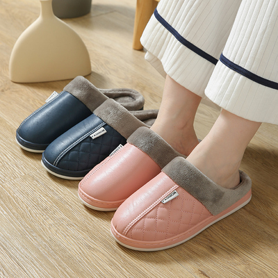防水棉拖鞋女士冬季室内家居加绒居家用毛冬天月子防滑PU皮拖鞋男