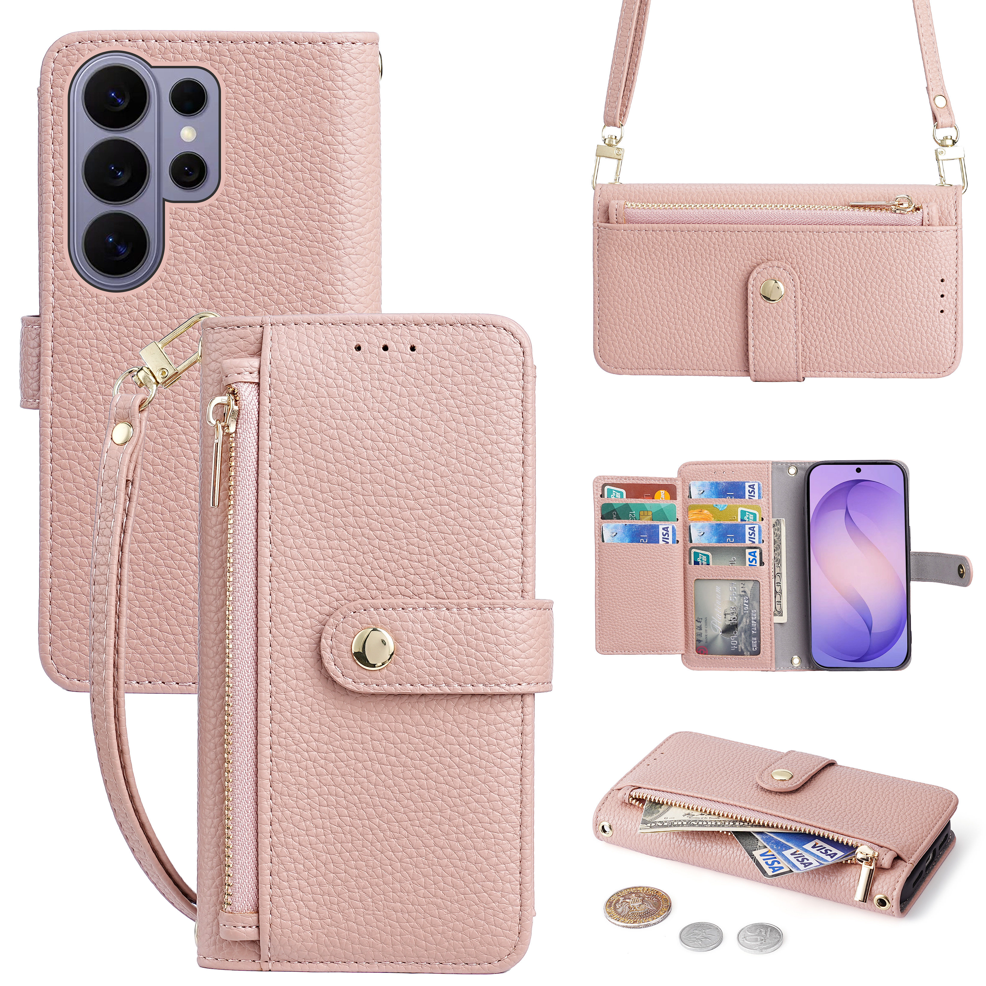 S26卡套一体适用三星S25手机壳带斜挎挂绳S26ultra零钱包S25FE收纳包A56可背A36放卡A55女士奢华S24翻盖皮套