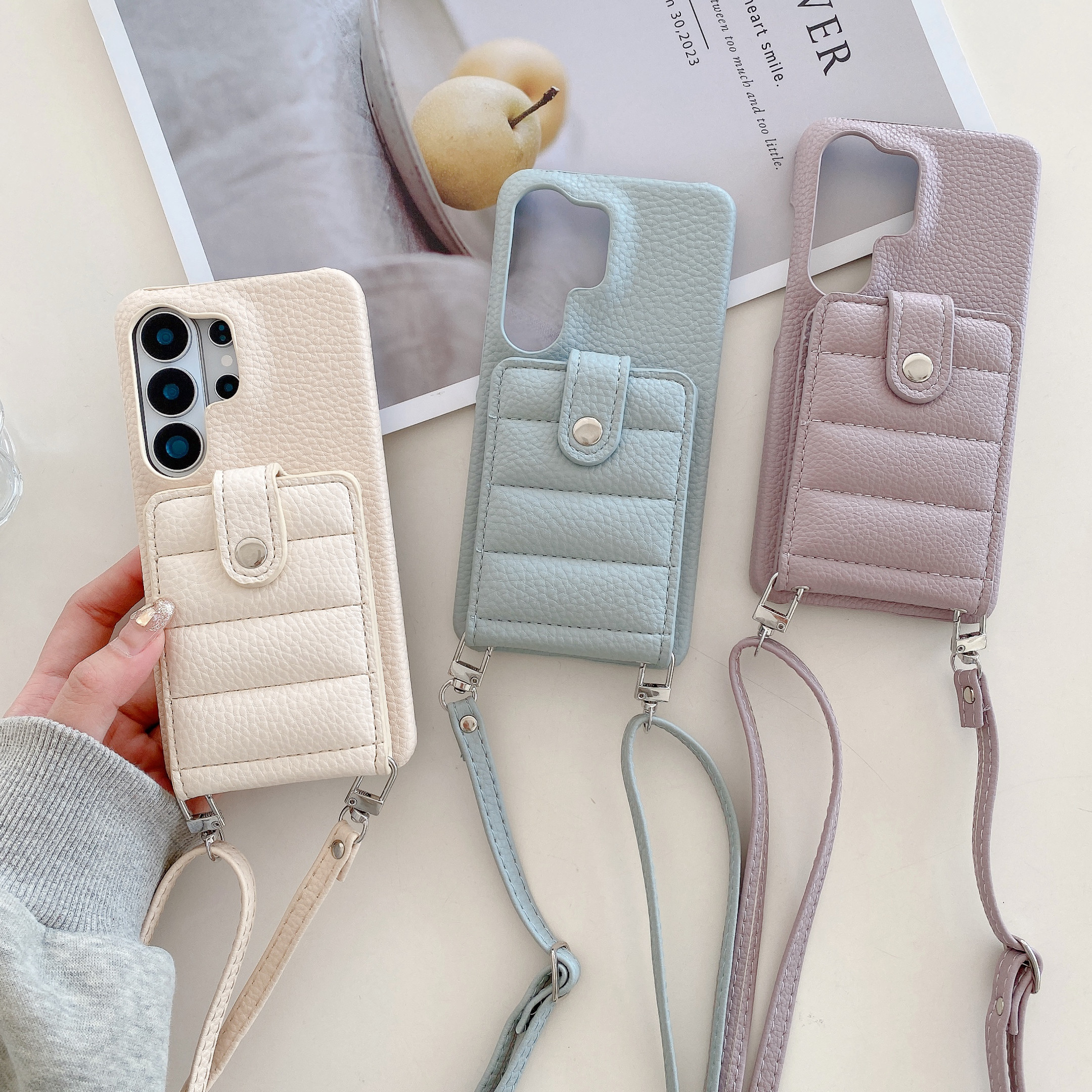 羽绒服带插卡包一体适用三星s25ultra手机壳s24+保护套s23零钱s26皮质s21fe可放卡A15斜挎挂绳壳三星A55/A54