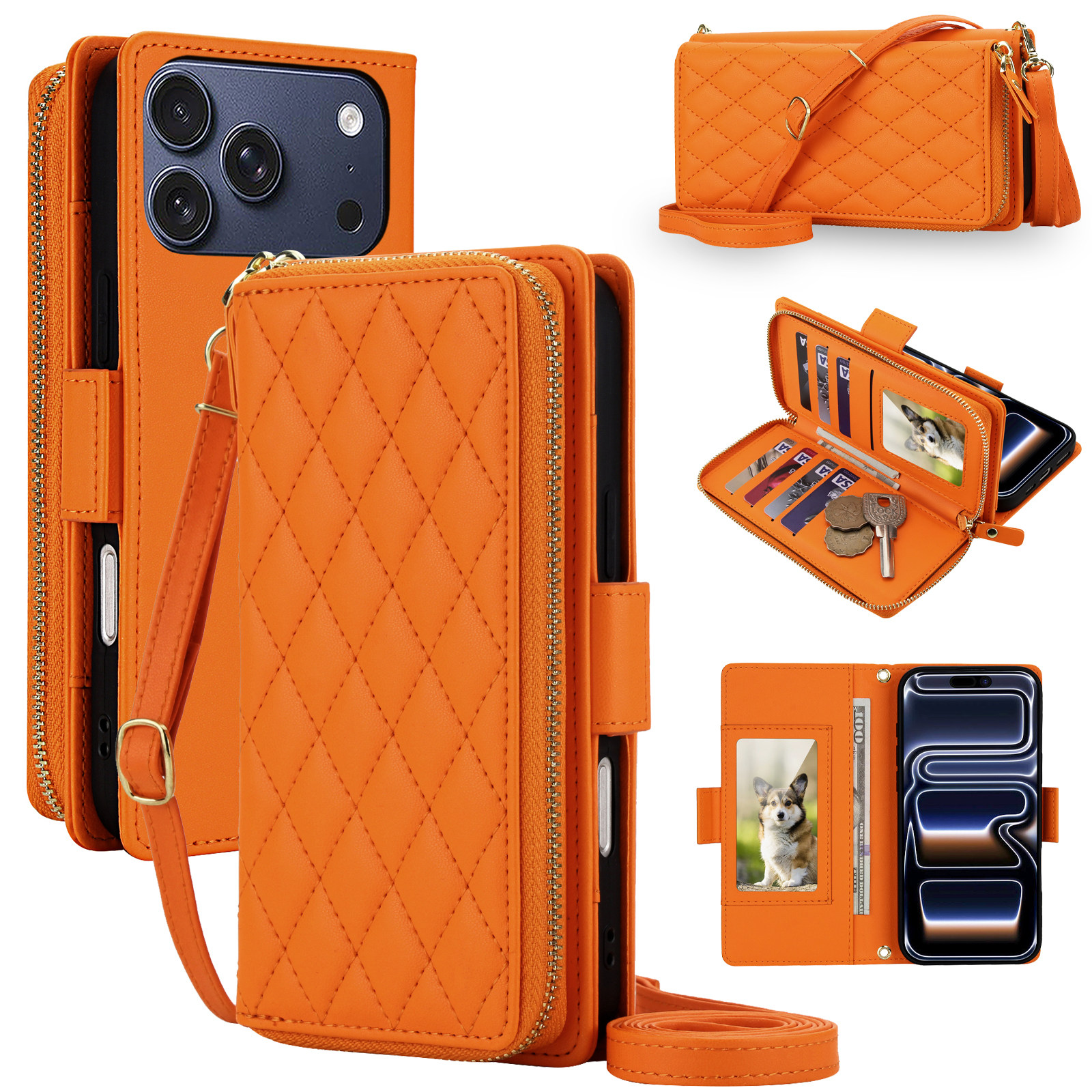 星宇橙斜挎包适用苹果17手机壳翻盖phone17摄像镜头全包16防摔插卡保护套15ProMax手机壳14背挂绳13pro/12/11