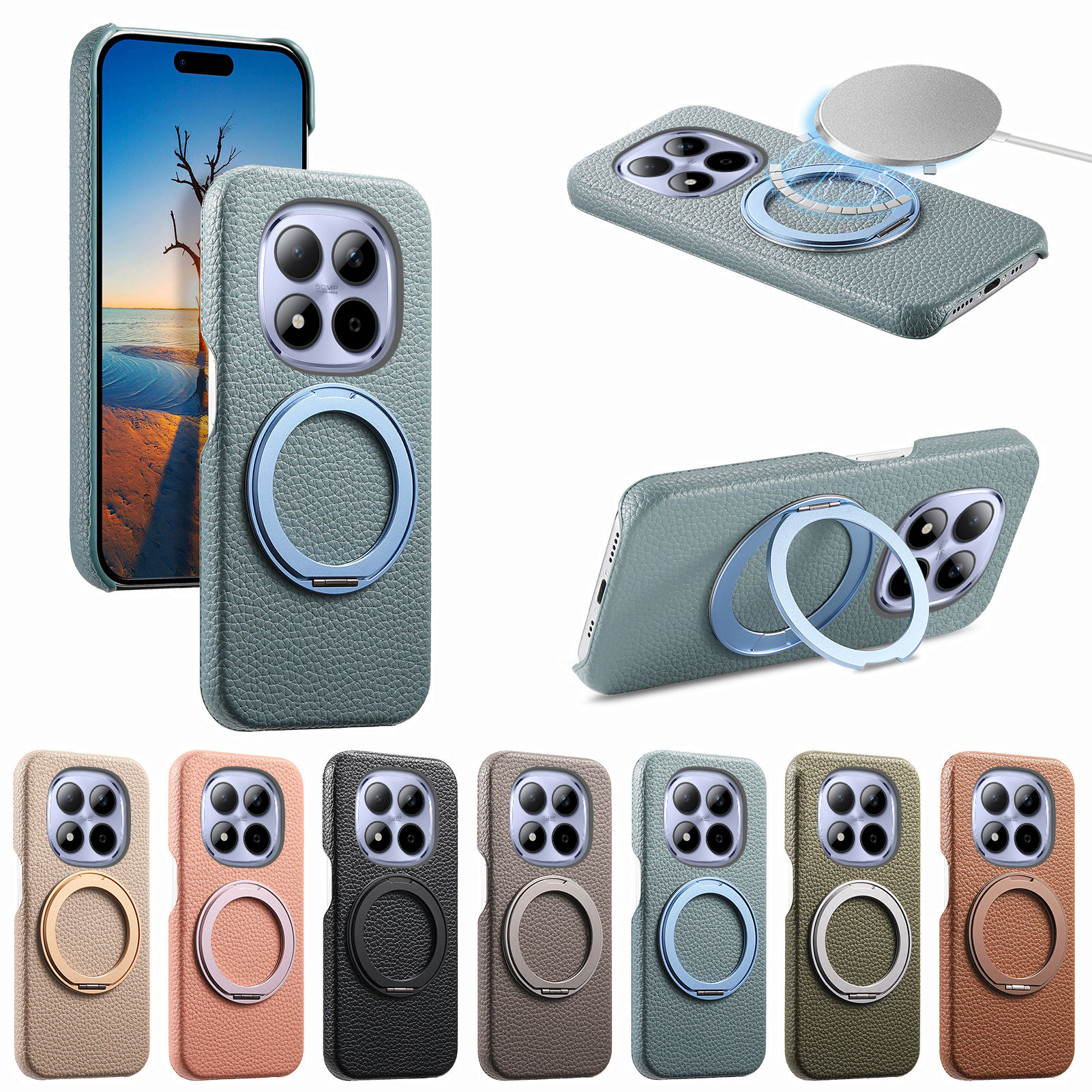 360度旋转支架皮壳适用红米Note15Pro+手机壳小米17promax带指环小米15外壳车载磁吸note14pro 4G防摔保护套