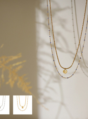 xl595  古巴做旧锡纸圆形双层项链 淡紫色豆豆链钛钢镀18k金