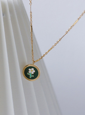 复古墨绿雏菊滴油钛钢锁骨链