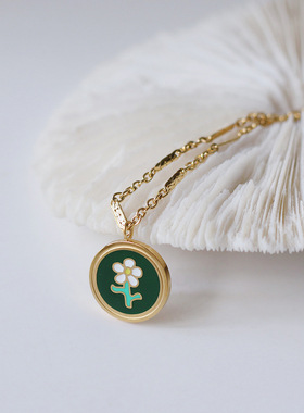 复古墨绿雏菊滴油钛钢锁骨链