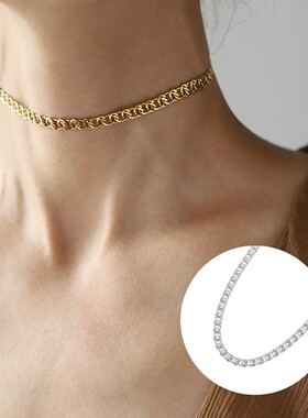 小香风INS镂空宽链条古巴choker颈链简约锁骨链 钛钢银色XL661