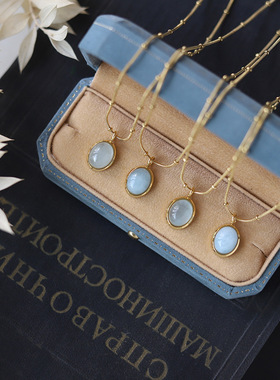 天然海蓝宝钛钢镀金蛇骨链项链女