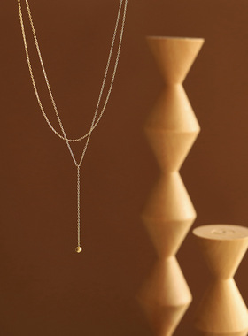 XL393简约欧美Y形流苏金球项链锁骨链叠戴两件套钛钢镀18K金