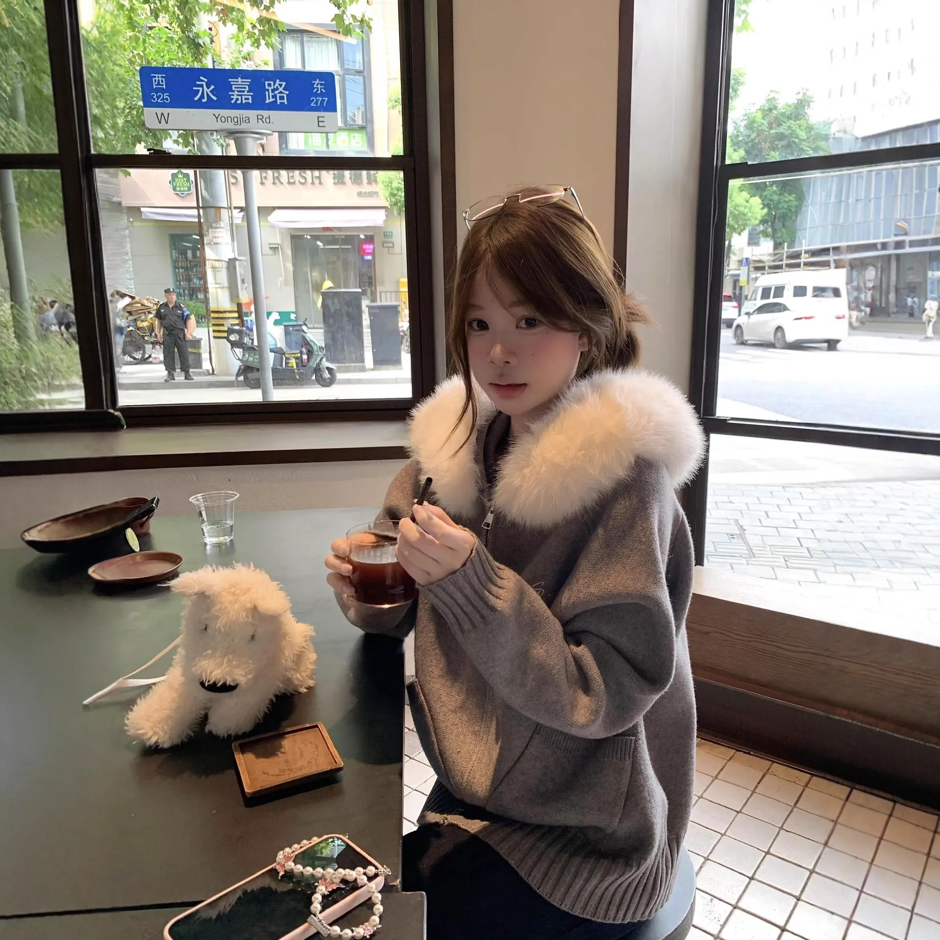 韩系慵懒风灰色毛领外套连帽针织开衫女秋季小个子宽松外搭上衣