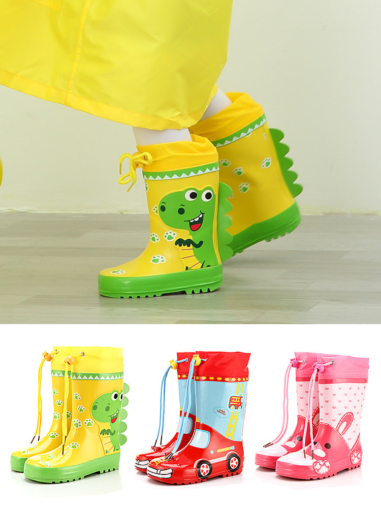 CHILDRENS RAIN BOOTS RUBBER BOYS AND GIRLS CARTOON CAR DINOSAUR CLOSED MOUTH NON-SLIP HIGH TUBE PLUS COTTON BABY WATER SHOES RAIN BOOTS