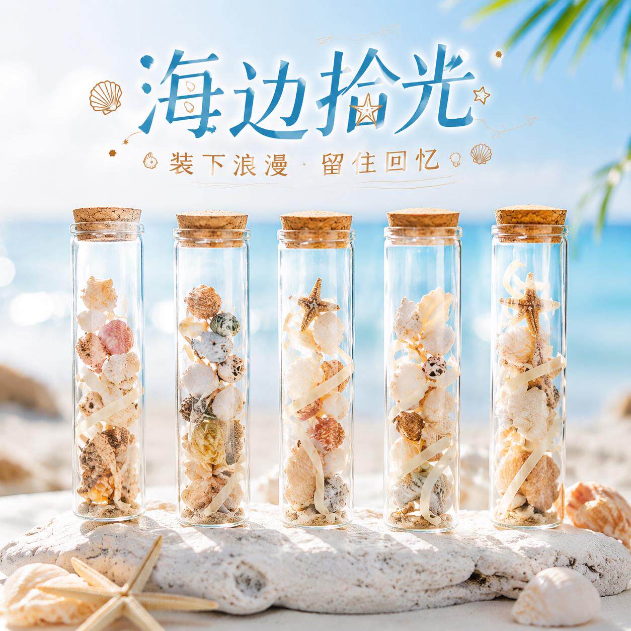 许愿瓶外出旅行海边装贝壳玻璃瓶干燥花玫瑰试管玻璃摆件沙子纪念