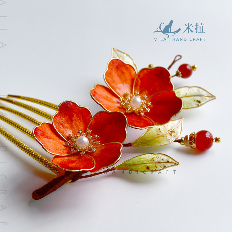 米拉掐丝绒花古风海棠花发梳