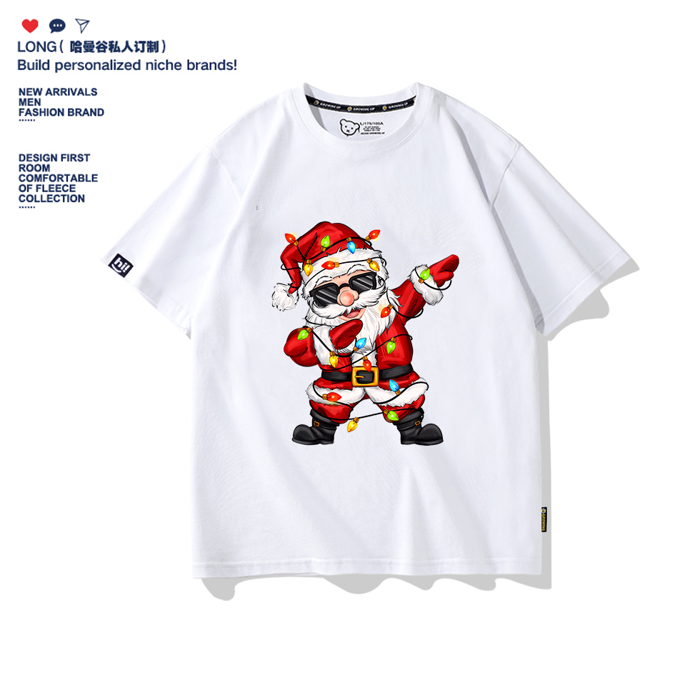 圣诞新款Merry Christmas 字母印花休闲百搭红色亲子情侣童装T恤