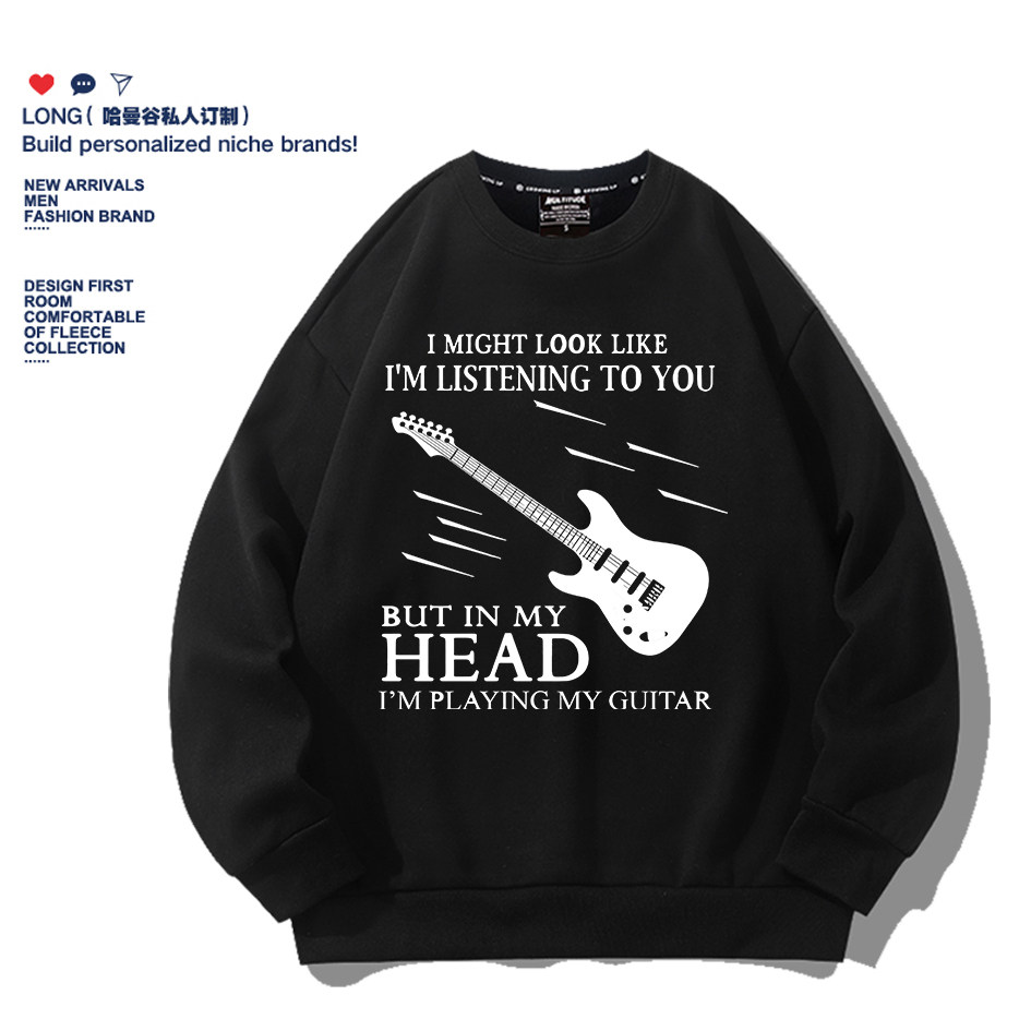 美式英文吉他guitar图案连帽卫衣服男女学生上衣青少年春秋冬潮牌