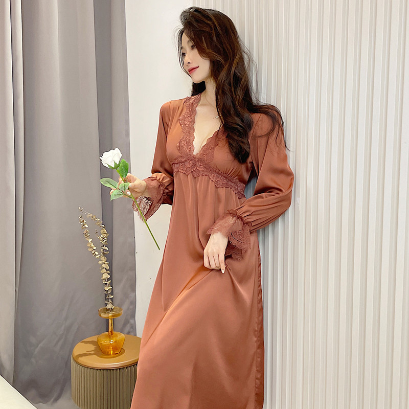 睡裙女秋冬季冰丝女士长袖大码家居服韩版宽松仿真丝绸可外穿睡衣