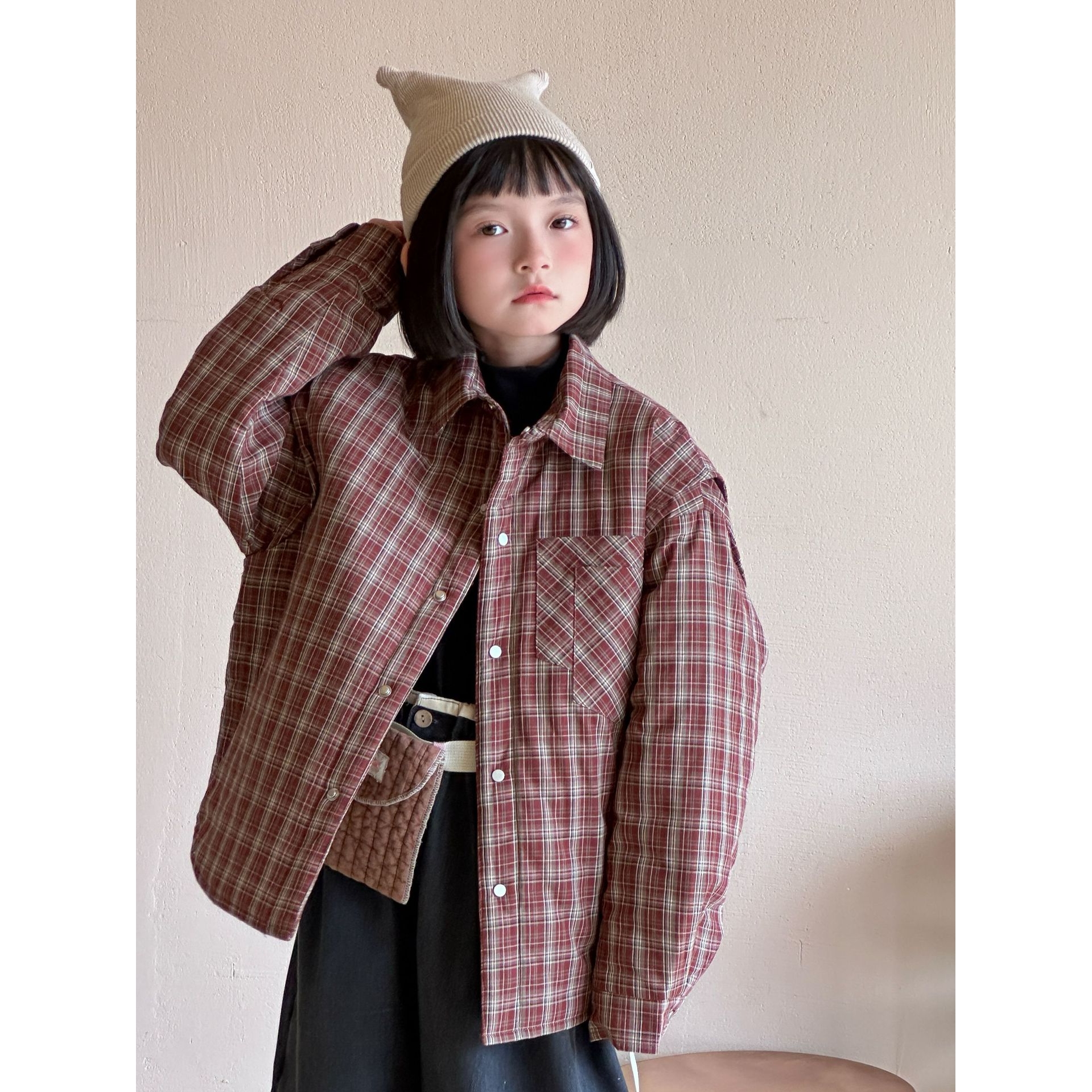 2025冬季新款儿童百搭加棉格子衬衫男女童设计感保暖衬衣外套洋气
