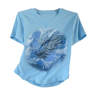 蓝色紧身短款t恤女短袖夏季设计感不规则显瘦辣妹正肩半袖上衣潮
