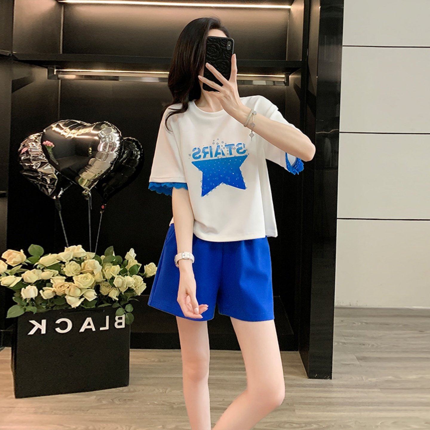 烫钻蕾丝拼接短款t恤女短袖夏季