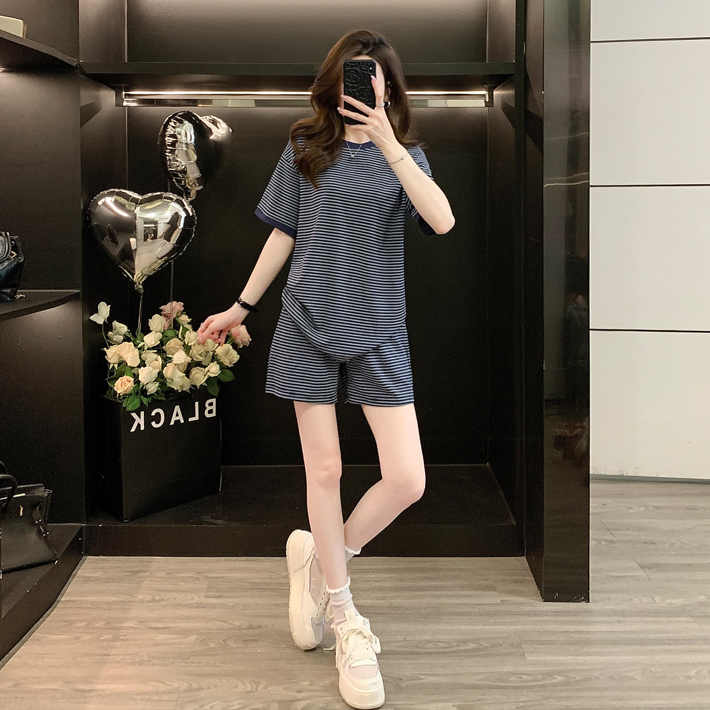 条纹短袖运动套装女短裤两件套潮