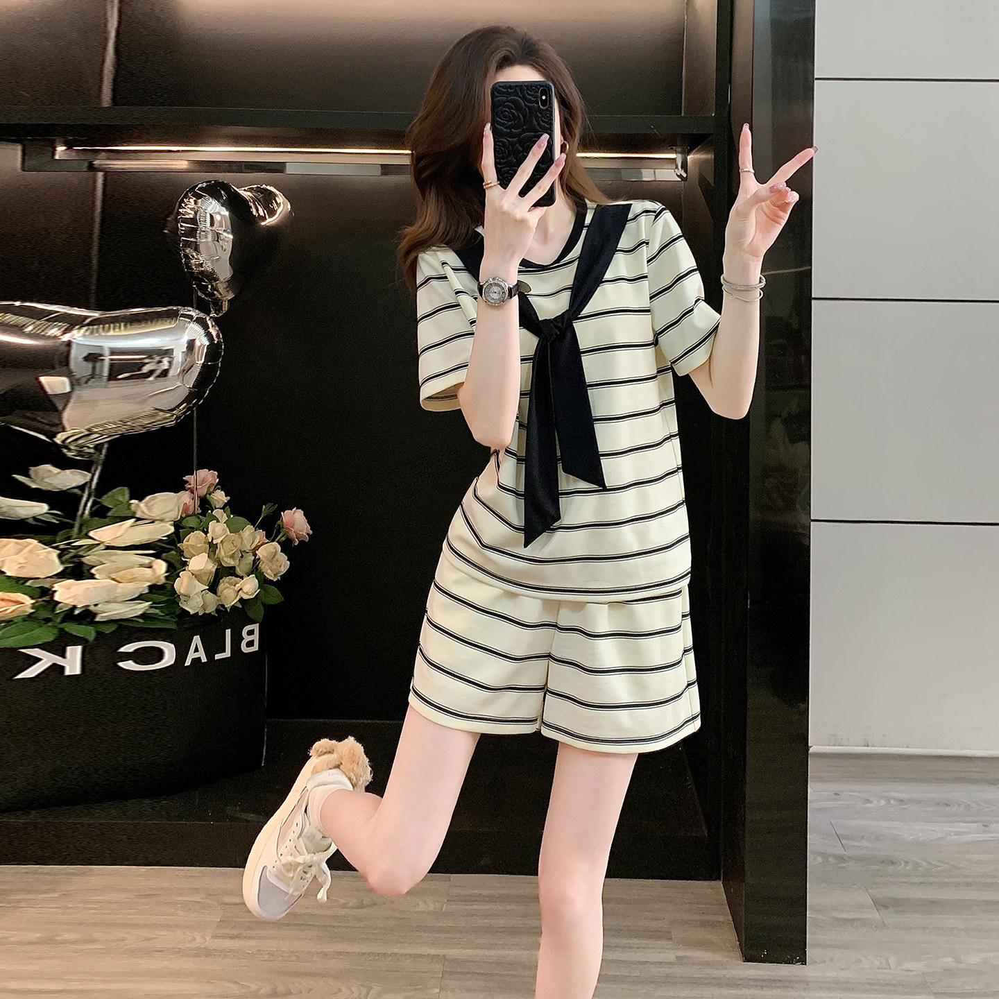 条纹短袖运动套装女短裤俩件套潮