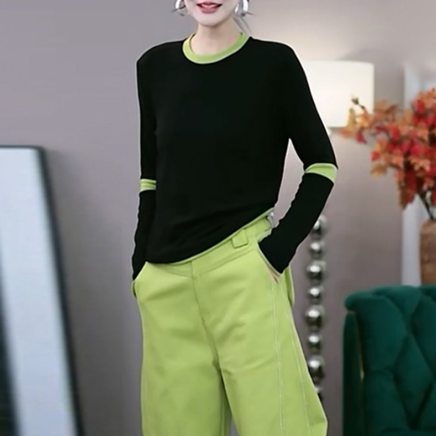 撞色假两件短款长袖T恤女春秋季新款休闲宽松显瘦百搭打底衫上衣
