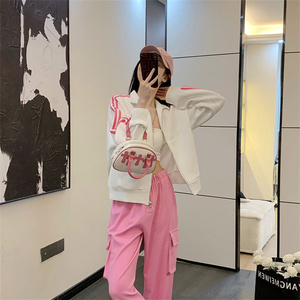 白色织带立领长袖外套女春秋季新款学院风休闲宽松小众拉链开衫潮