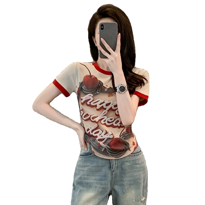 撞色涂鸦印花紧身短款t恤女短袖