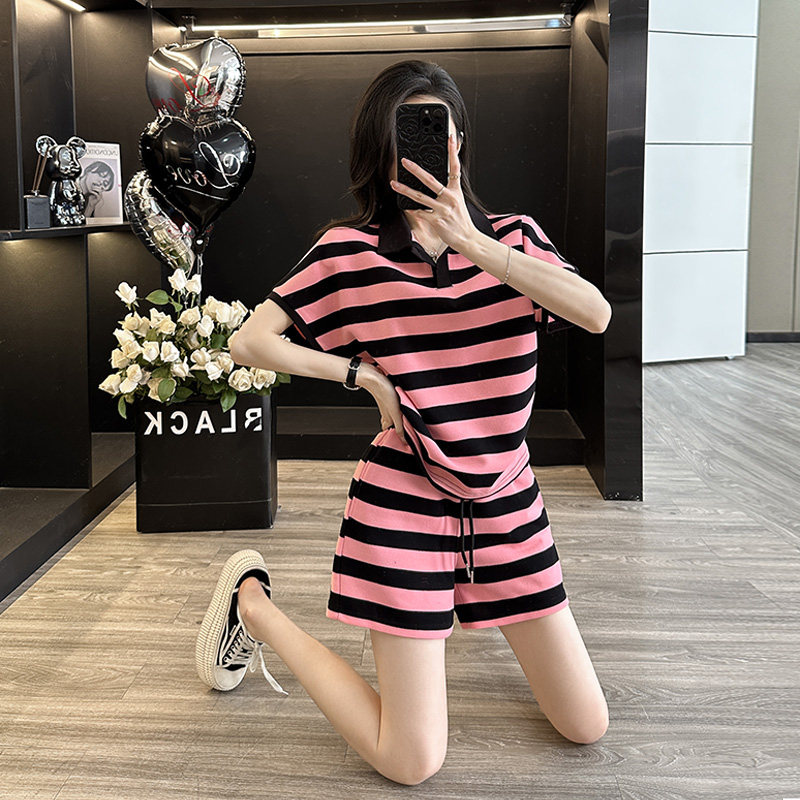 条纹短袖短袖运动套装女夏季新款时尚洋气减龄宽松显瘦短裤两件套