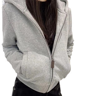 炸街灰色连帽短款外套女春秋季新款设计感宽松薄款卫衣拉链开衫潮